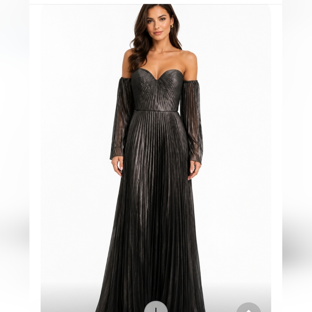 ZAC POSEN Maxi Dress Size 0 Gunmetal Womens New Pleated Long Sleves